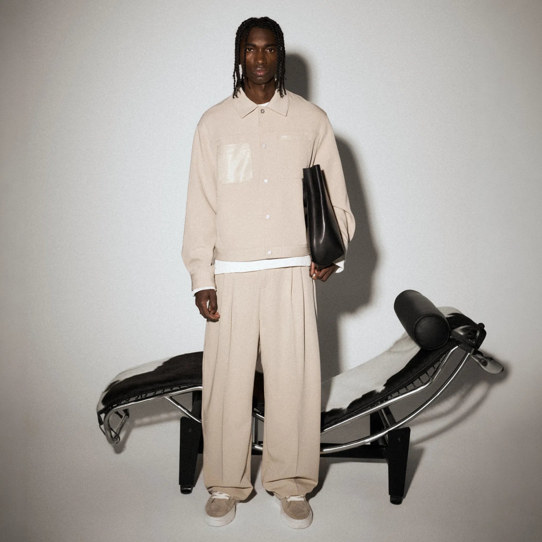 Model View of The Couture Barrel Leg Tailored Stone Trousers